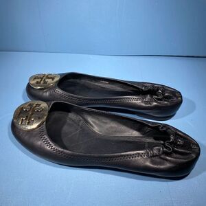 Tory Burch Women Size 8 M Reva Ballet Leather Slip On Flat Shoes Black Gold Logo